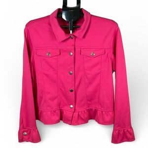 Baccini Womens XL Pink Ruffle Hem Knit Trucker Jacket Fuchsia Stretch Button Up